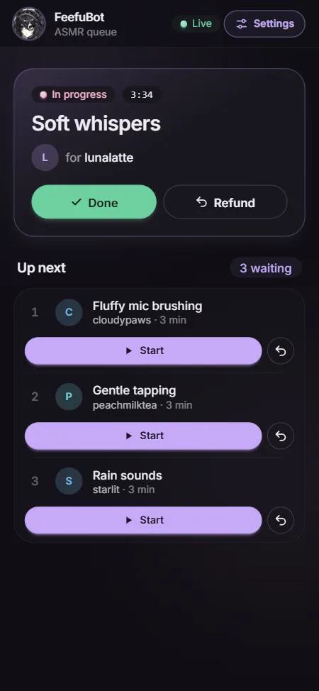 The queue dashboard on a phone, with a trigger in progress and three waiting